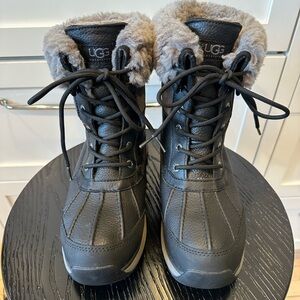 UGG Black Leather Boots with Gray Fur Trim
